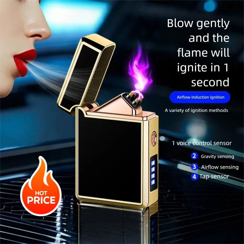 Metal windproof laser engraving gift with light, voice controlled induction, dual arc, USB charging, Langsheng lighter