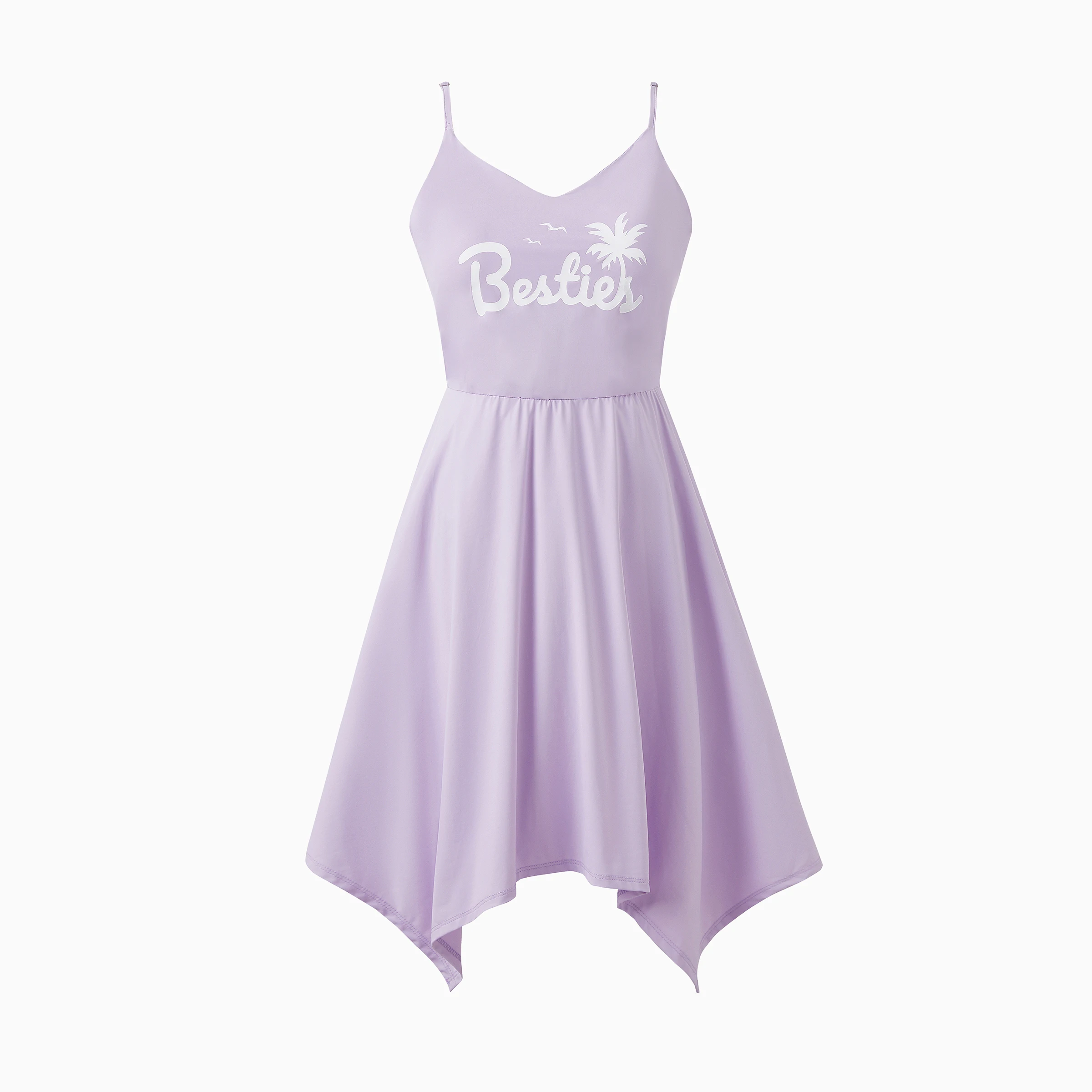 PatPat Quick-Dry Mommy and Me Light Purple Besties Slogan Coconut Tree Print Irregular Hem Strap Dress