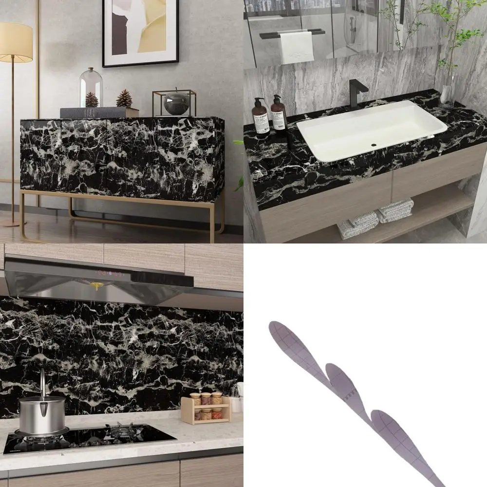 

Glossy Black & Silver Marble Effect Peel and Stick Wallpaper, 31.5 x 354, Waterproof for Kitchen & Bath Countertops
