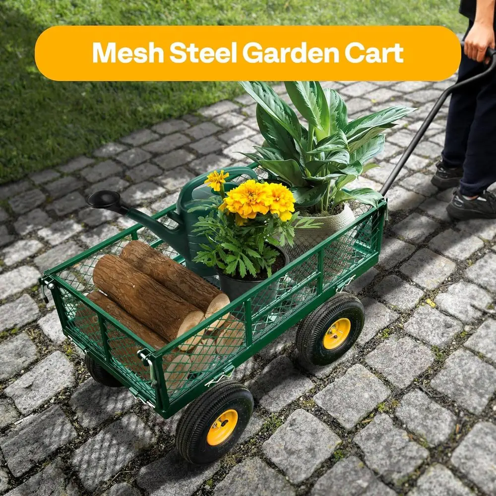 Heavy Duty 880 Lbs 4.5 Cu t Mesh Steel Garden Cart Utility Wagon | Removable Sides and 4.10/3.50-4