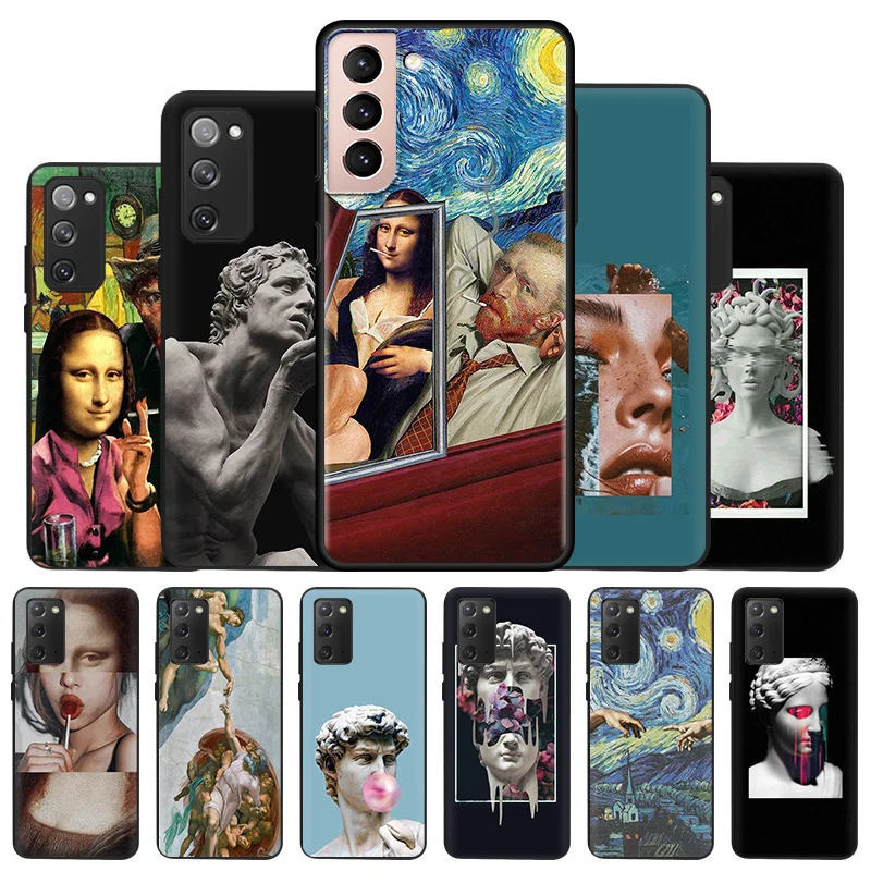 Mona Lisa Van Gogh Funny Art Black Phone Case For Samsung S22 S21 FE S20 Ultra Note 20 10 9 8 S10 Plus Shockproof Bumper Cover