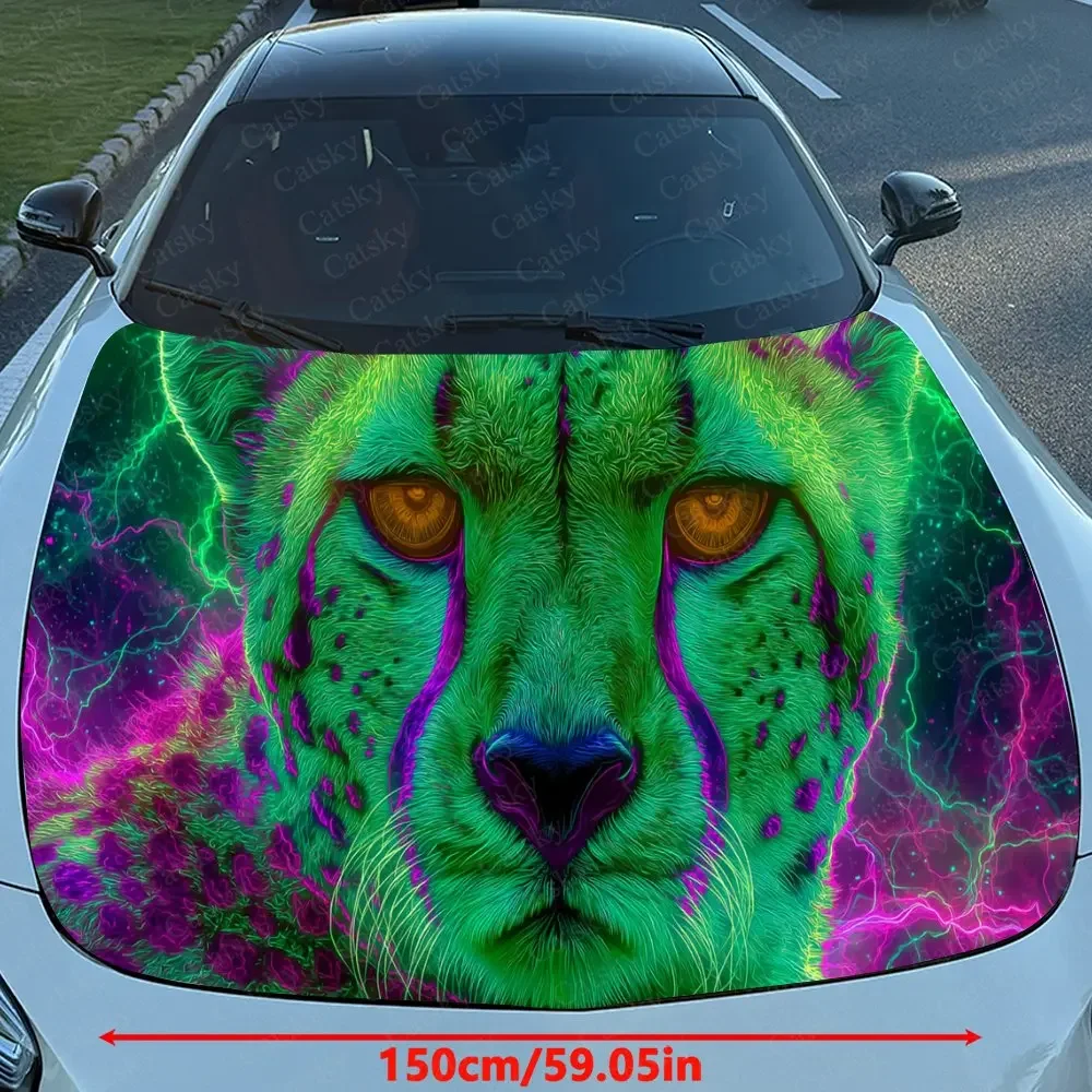 Neon Psychedelic Cheetah Car Vinyl Wrap, PVC Waterproof Car Hood Sticker, Self-Adhesive Scratch-Resistant Stickers