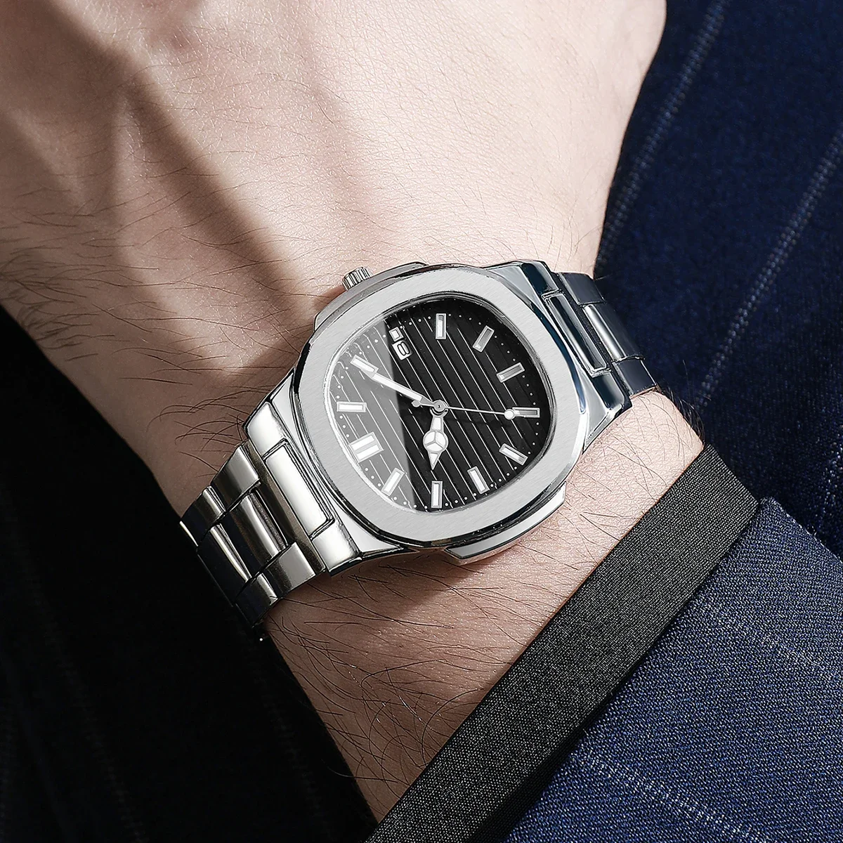 Men Fashion Square Round Quartz Watch Striped Dial Date Stainless Steel Bracelet Business Male Wristwatch Box Not Included