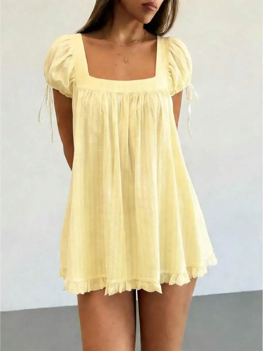 

Women Square Neck Short Sleeve Ruffle Babydoll Dress Flowy Peplum Casual Top