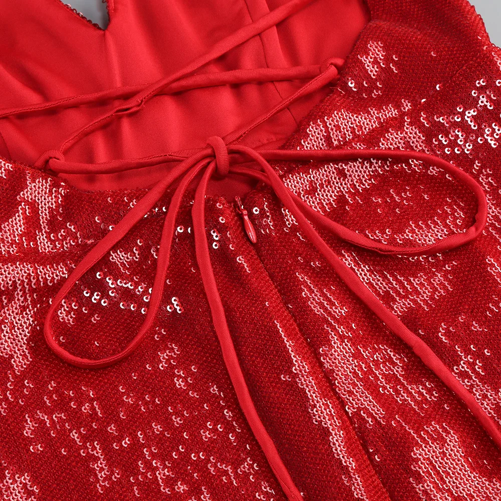 Vestidos de fiesta rojos de lujo para mujer, vestidos sexis con tirantes finos y cuello en V, lentejuelas brillantes, vestidos de fiesta de noche de celebridades, vestido de Gala de una pieza