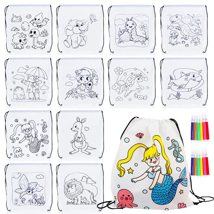 5 stücke 32x28 cm Graffiti Kordelzug Malerei Tasche mit 6-farbe Mini Stift Wiederverwendbare Geburtstag Party Goodies tasche Geschenk Lagerung Tasche