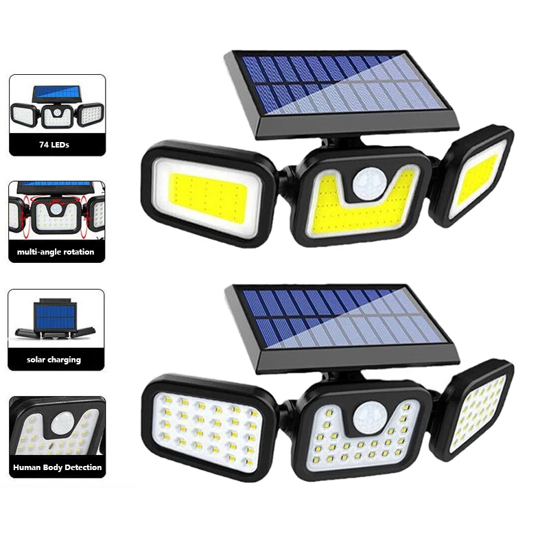 مصباح جداري يعمل بالطاقة الشمسية مقاوم للماء في الهواء الطلق، 3 مصابيح حديقة شمسية LED قابلة للدوران للحديقة والفناء، مع وظيفة استشعار الحركة #1