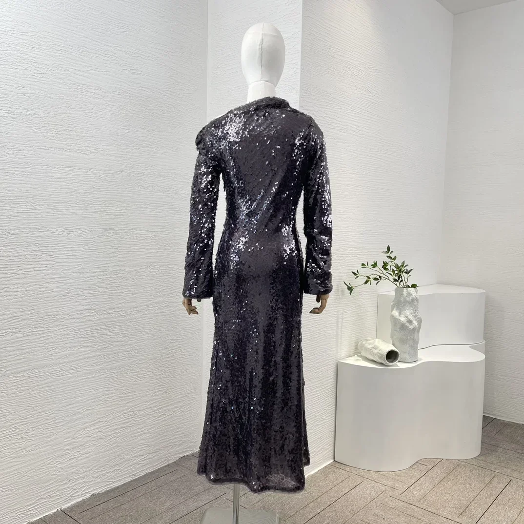 Diagonal Shoulder Blue Sequins Long Sleeve High Quality New Fashion Clothing Elegant Black Midi Dress for Women