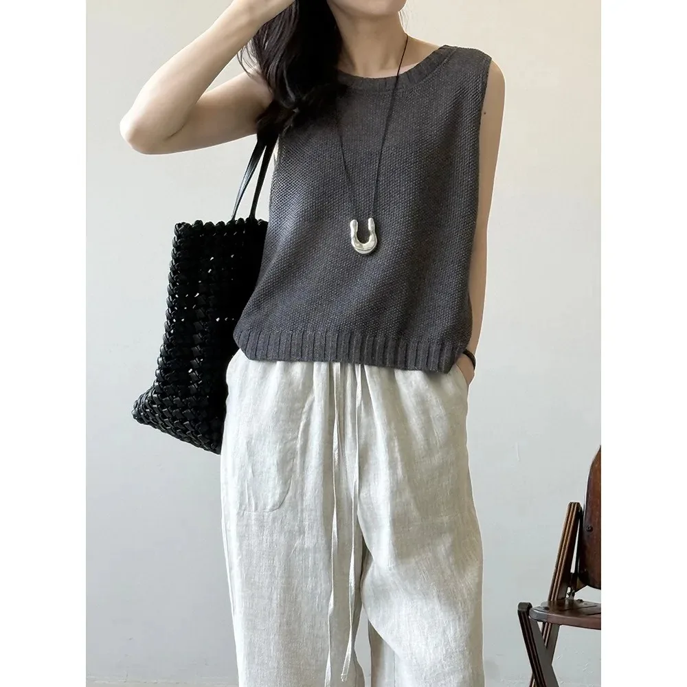 Colete de malha de linho simples usa colete sem mangas com botão no verão