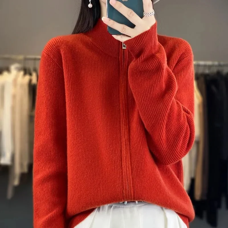 2024 New 100% Pure Wool Zipper Cardigan Padded Shoulder Stand Collar Women\'s Long Sleeve Cashmere Knitted Coat Lapel Sweater