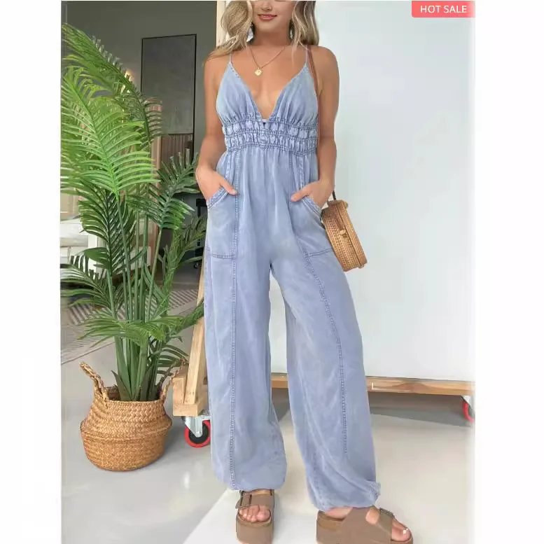 

Strap V Neck Sleeveless One Piece Women Solid Wide Leg Long Pants Overalls Loose Casual Autumn Rompers Regular Jumpsuits