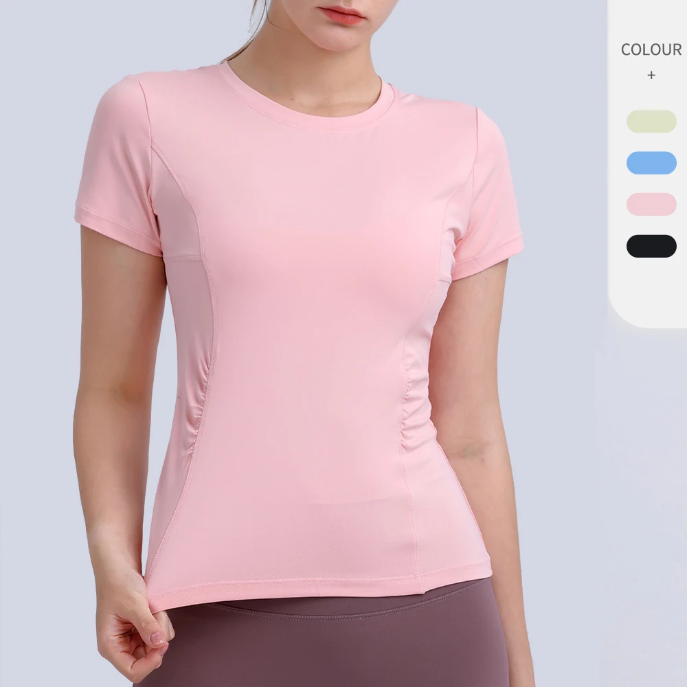 

Women Slim-Fit Yoga Shirt Dancing Sport Short-sleeve T-shirt Elastic Tight Waist Anti-Wrinkle Workout Fitness Running Tops MM396