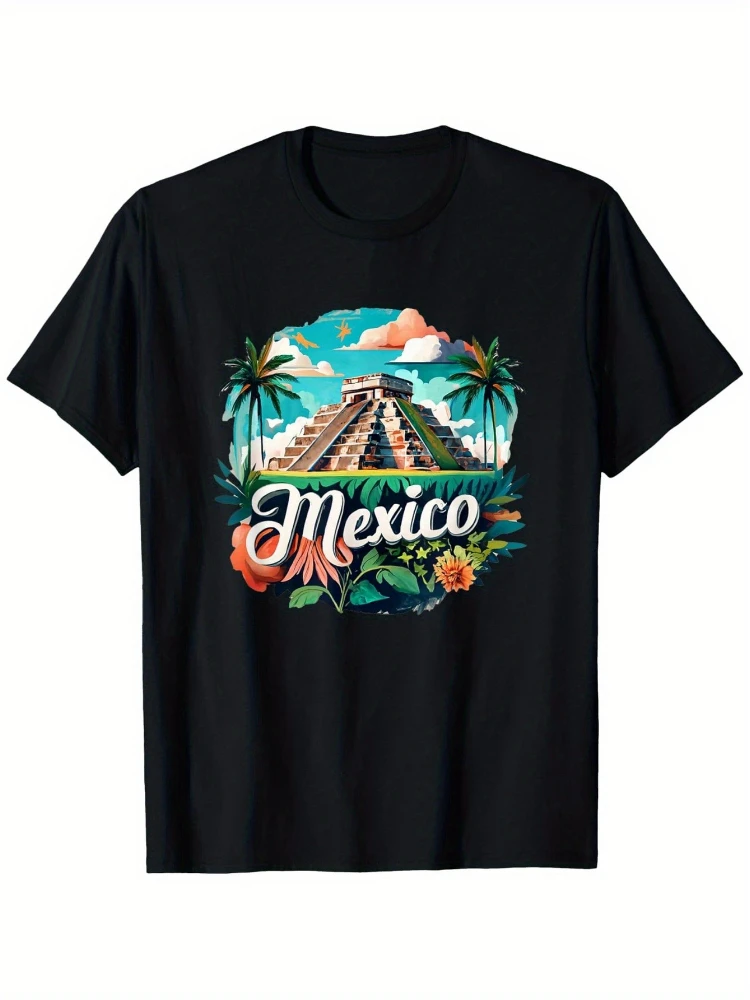 Mexico Graphic 100%Cotton printed Casual T-Shirt for Men-Vibrant Outdoor Design with Palm Trees,Cacti & Mayan Ruins.