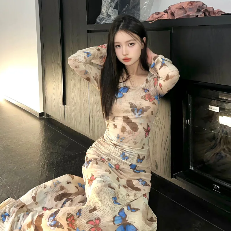 Retro  Print Long Sleeve Mesh Dress Women's Slimming Bodycon Skirt Autumn New Style A-Line Midi Dress Poem Memory Lady