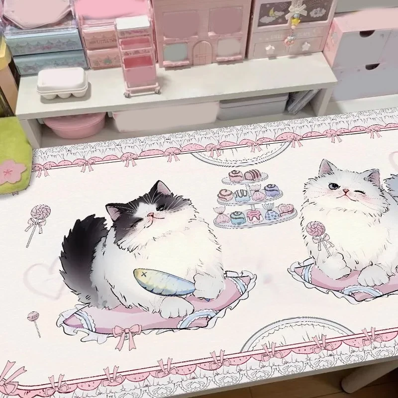 Original Little Foodie Cat PU Leather Long Desk Mat | Pink Waterproof Large Mouse Pad & Pet Dining Mat, Kawaii Study Desk Decor