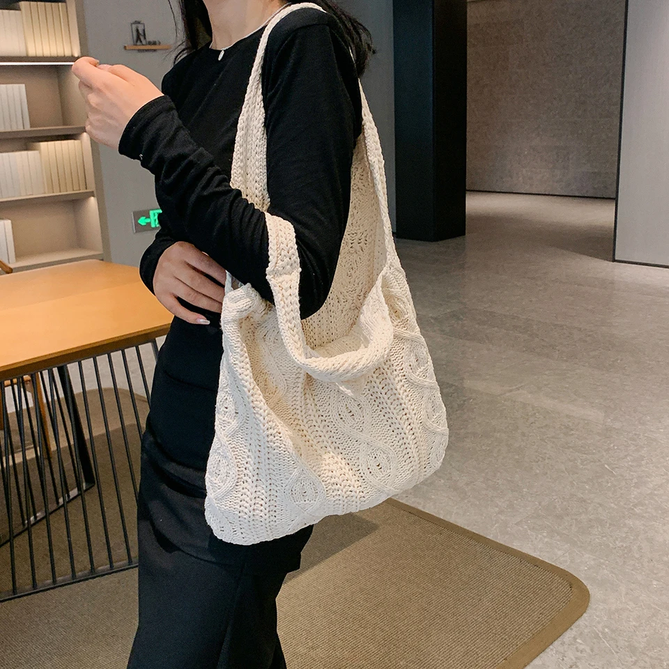 Y2K Knitted Women\'s Bag Twist Eco Bag Korean Shopping Tote Handbag Braid Shoulder Bags Crochet Rope Tote Bag Weave Purse Female