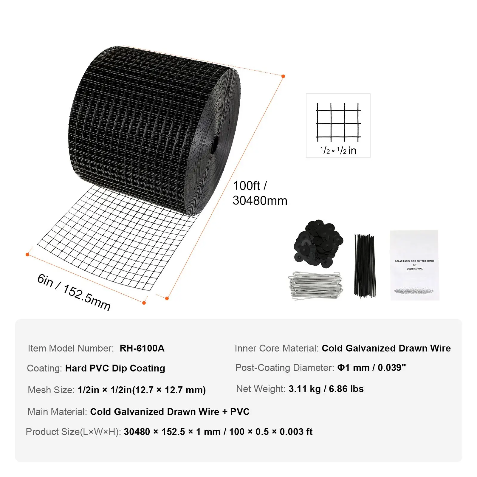 6 inch x 100ft Solar Panel Bird Guard, Critter Guard Roll Kit with 60pcs Aluminum Alloy Fasteners, Solar Panel Guard with Rust-proof PVC Coating, 1/2 inch Wire Roll Mesh