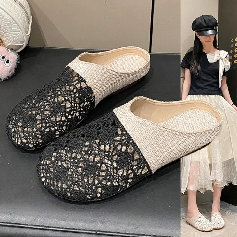 Women's Mules Flats Round Toe Slip on Intricate Lace Crochet Upper Woven Texture Casual Summer Daily Wear Flat Walking Shoes