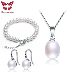 Hot Sale 925 Sterling Silver Women Jewelry Set,Pendants&Earrings&Bracelet,Natural Freshwater Pearl,Bread Round Shape 2019