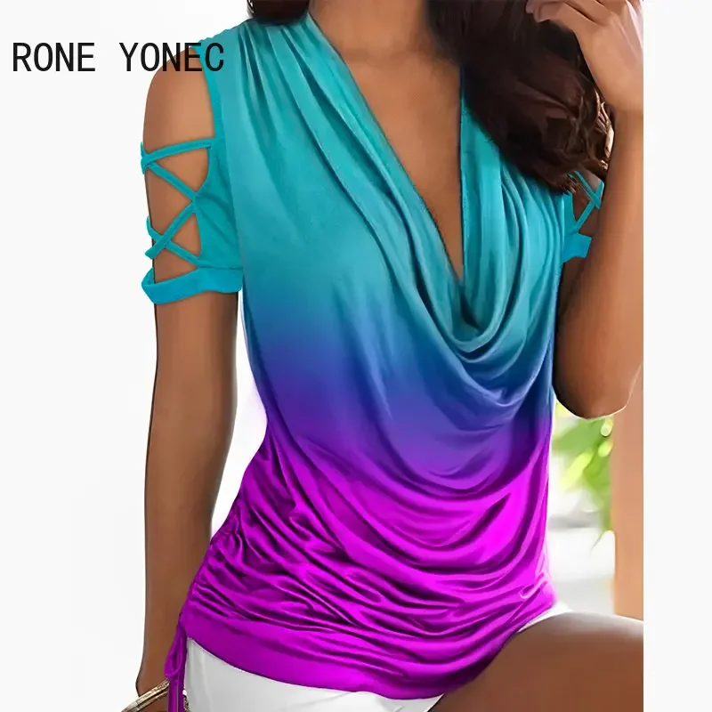 2023 Women Tops Gradient Color Swing Collar Short Sleeves Criss Cross Hollow Summer Blouse Tops