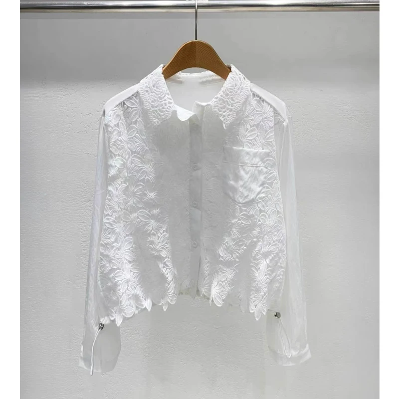 

Korean Style Long Sleeve Shirt Women's Embroidered Lace Patchwork Design Sense Drawstring Collar Top Skin-friendly Breathable
