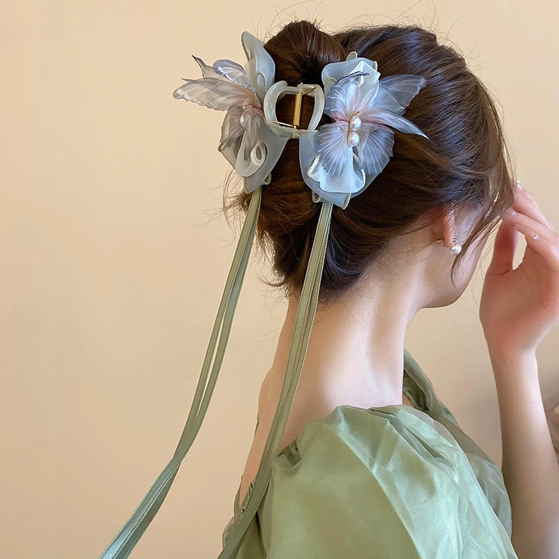 Pinza para el pelo de mariposa y perlas con borlas largas para mujer, cinta para el pelo con lazo, pinzas grandes de tiburón para mujer, horquilla para cola de caballo, tocado elegante