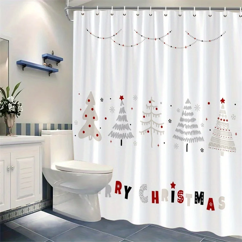 1pc Scandinavian Christmas Shower Curtain, Grey White Stylized Trees Red Stars & Merry Christmas Text, With Hooks