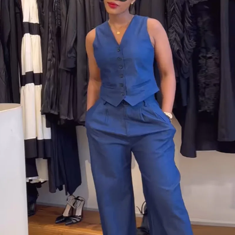 

Solid color v-neck vest top high waist trousers casual suit fashionable simple versatile temperament elegant vacation style high