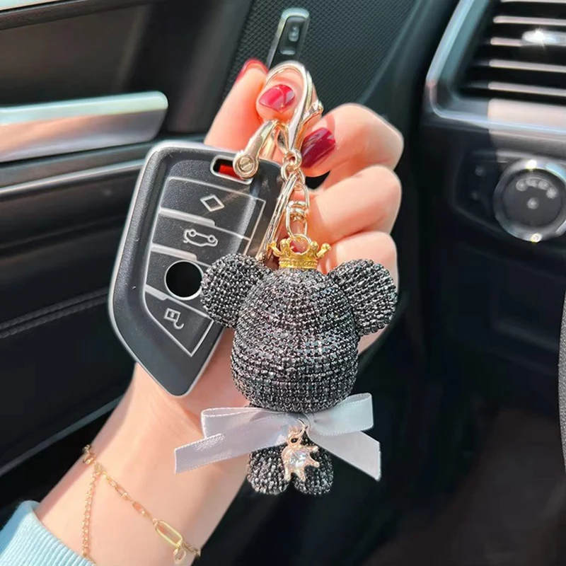 Fashionable full diamond crown violent bear keychain creative bow cute doll car key chain exquisite gift