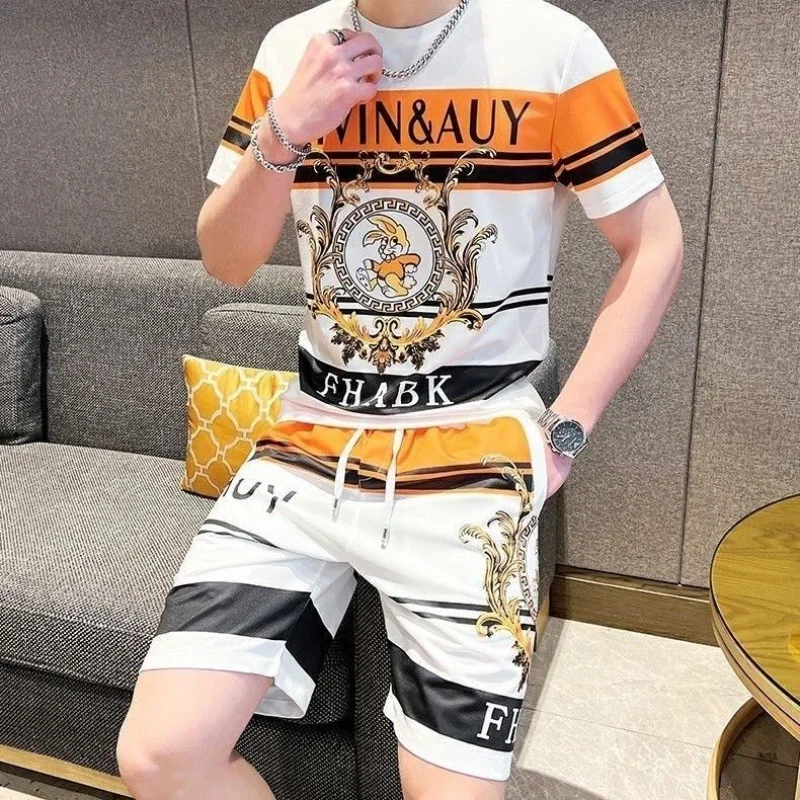 

Crewneck Short Sleeve Shorts Printed Suit 2024 Summer New Men's Fashion Casual Comfortable Breathable Loose Sports Fitness Suit