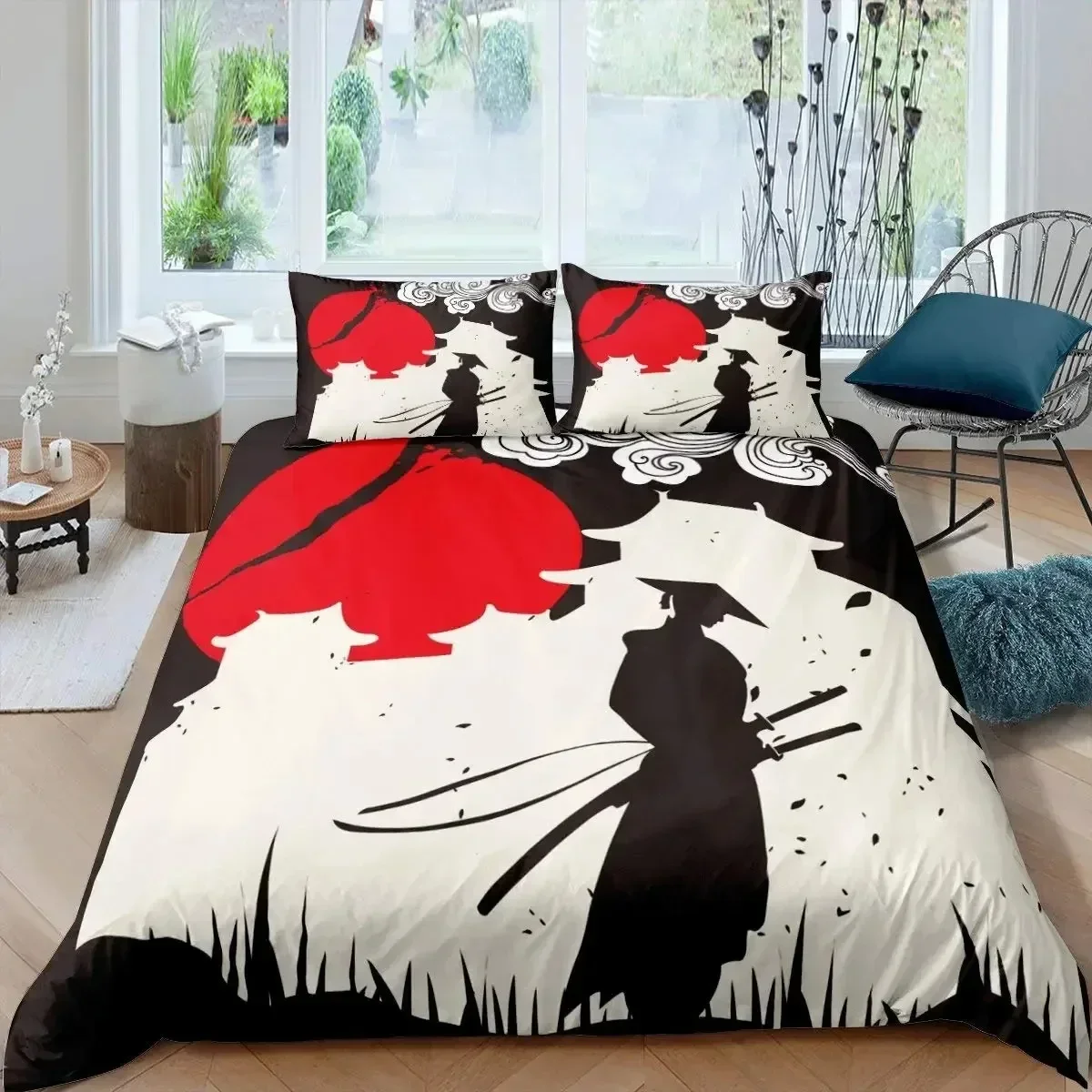 Japanese Samurai Bedding Set KingQueenFull Size Japan Sunset Scenery Building Silhouette Polyester Duvet Cover Men Black Red