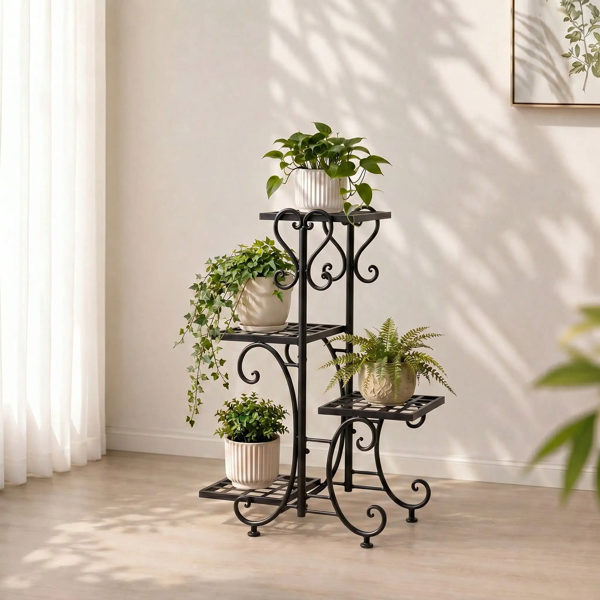 4-Tier Metal Plant Stand With Single Tier Option, Decorative Flower Pot Holder With Elegant Scrollwork Design For Living Room, Balcony, Patio, Bedroom And Home Decor