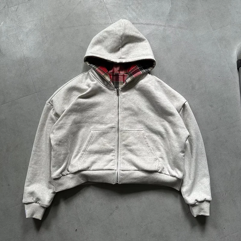 Winterliche Casual-Kapuzenpullover mit Karomuster für Damen, Y2K-Stil, doppelseitig tragbar, modisches, lockeres Sweatshirt mit Kapuze, trendige Damenjacke. – Detail 8