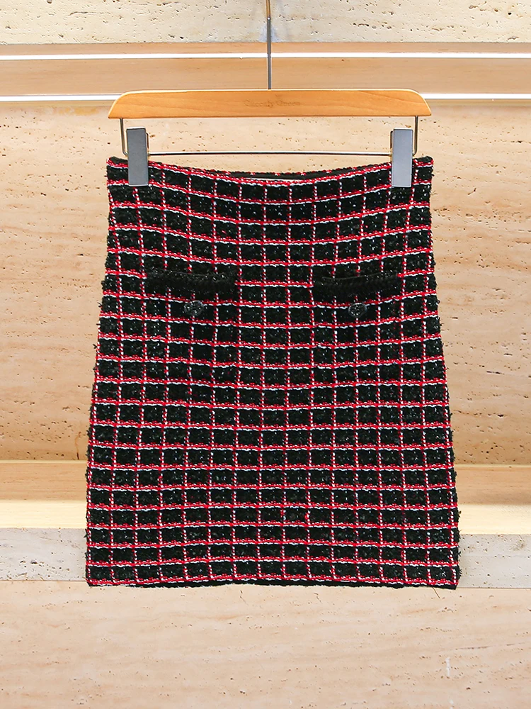 

High Waist A-Line Skirt Knitted Plaid Sle Commute Simple Diamond Embellied Polyester Fiber Folded Chinese Spring New...