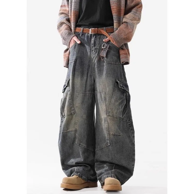 American Wasteland Trend Brand Multi-pocket Machete Jeans for Men Old-fashioned Washed Wide-leg Overalls