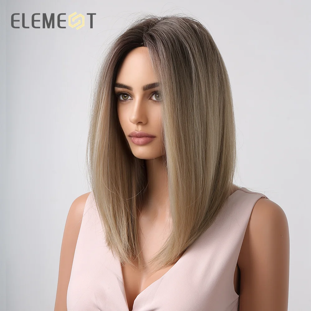 ELEMENT Synthetische Perücke Medium Gerade Ombre Dark zu Blonde für Frauen Wärme Beständig Täglichen Partei Natürliche Mode Stirnband Haar