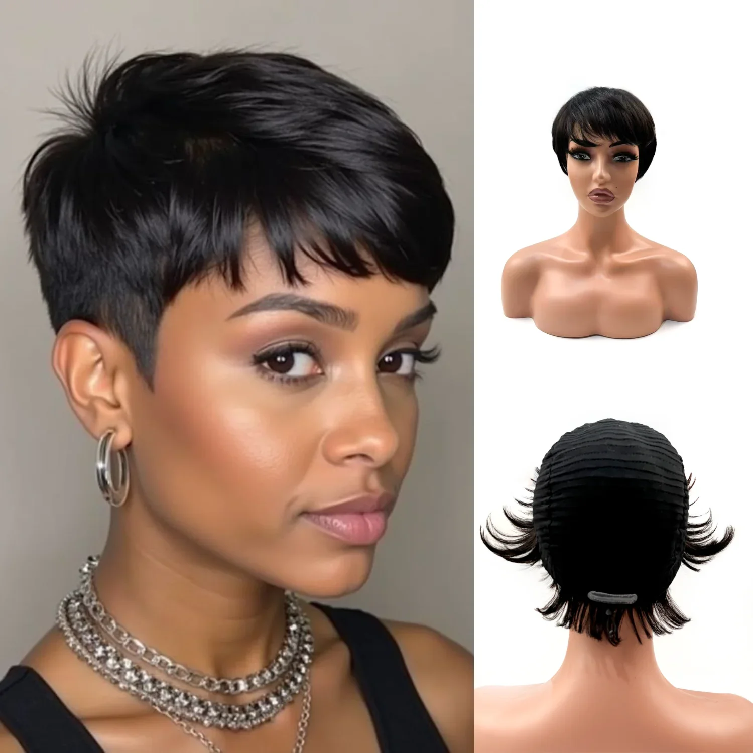 

Short Layered Pixie Cut Wig Human Hair Wear and Go Glueless Straight Human Hair Wigs With Bangs for Women Full Machine Made