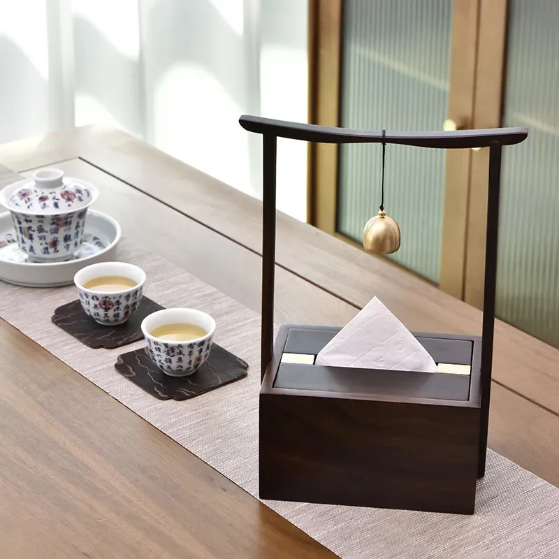 Solid Wood Tissue Box Ebony Walnut Chinese Retro Handle Extraction Storage Home Living Room Decor Ornament Natural Log Design