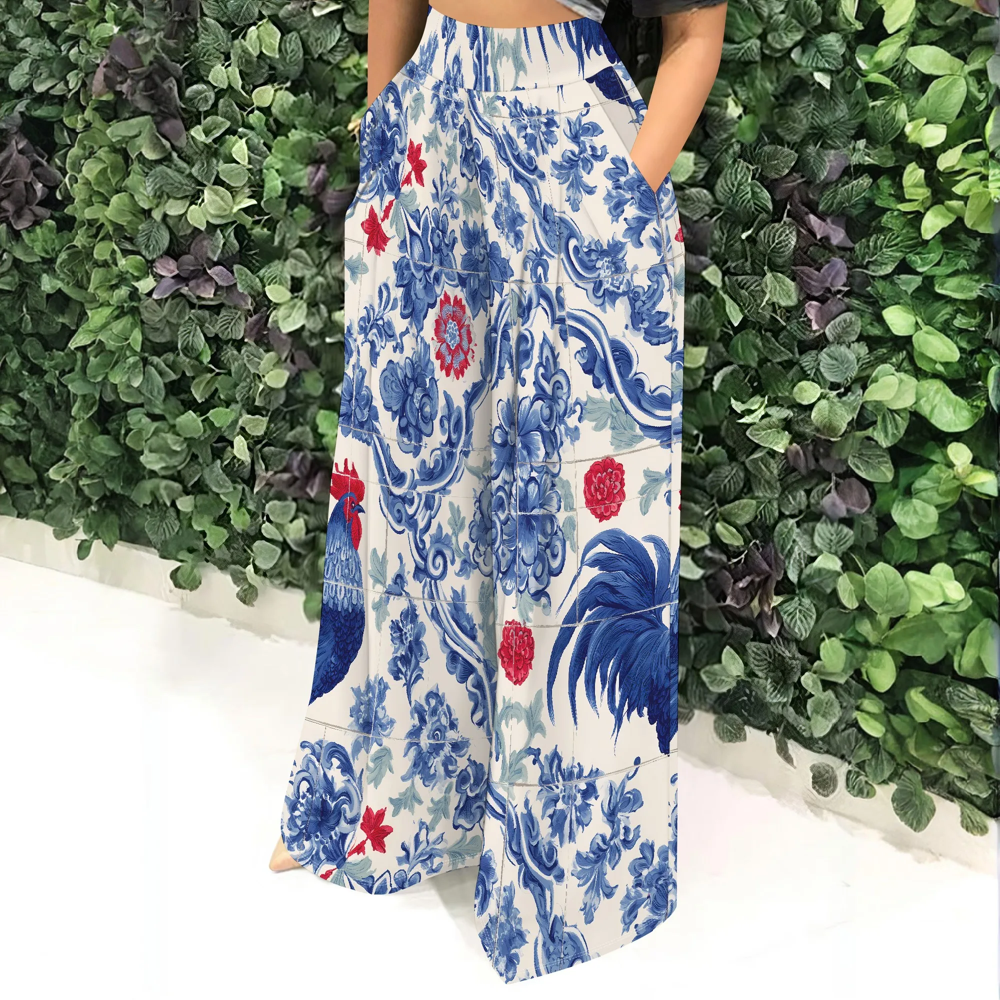Vintage Rooster Print Wide Leg Pants, Blue Floral Pattern Palazzo Trousers, High Waist Casual Loose Fit for Women, Pockets S-2XL