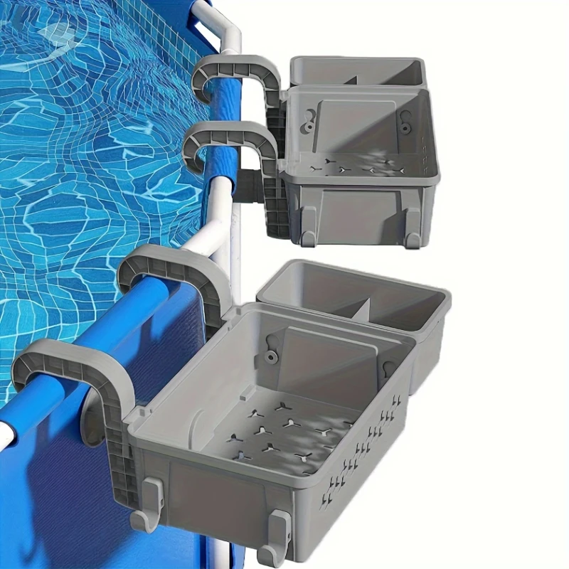두꺼운 플라스틱 야외 수영장 옆 수납 바구니 (컵 홀더 포함, 지상 수영장용) 수영장 옆 정리함