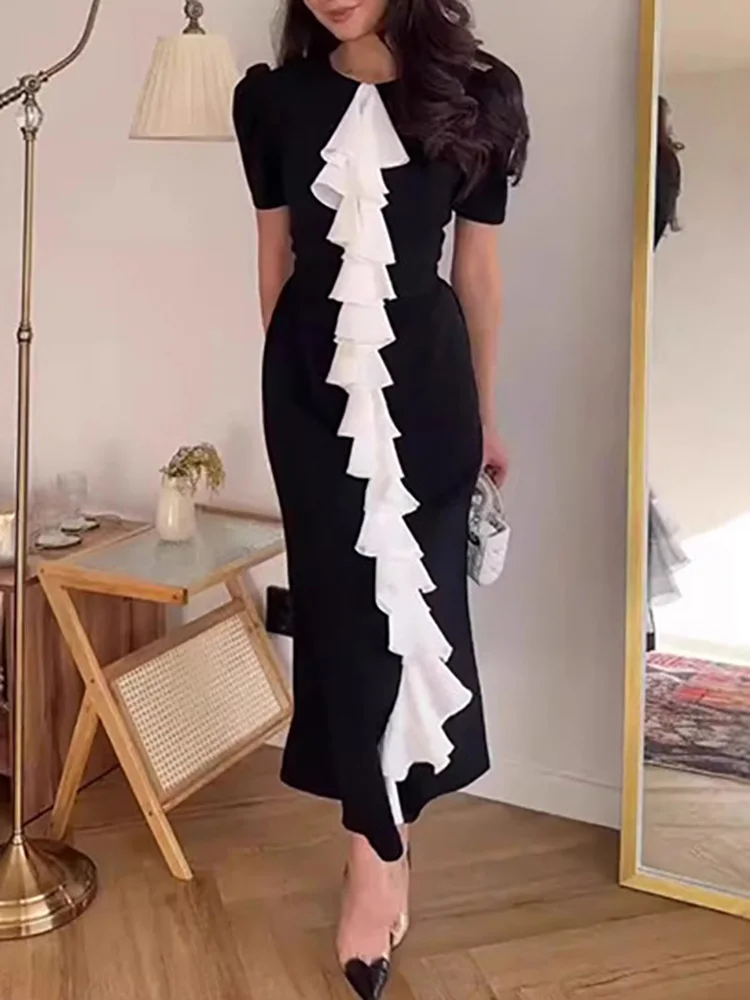 エレガントな O ネックカラーブロックロングドレス女性カジュアルバブルスリーブスリムフィットパーティードレスファッションハイトウエスト固体通勤ドレス