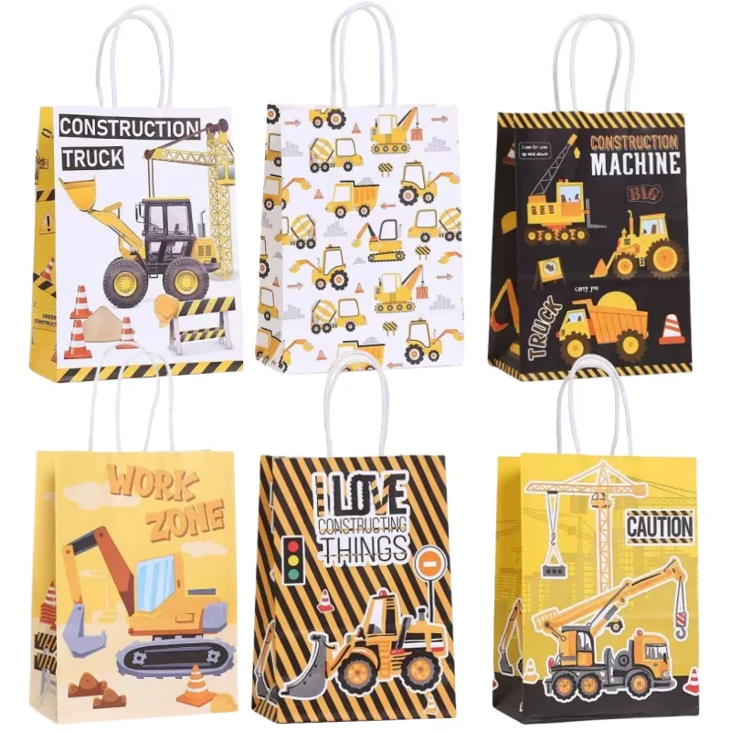 6/24 stücke Bau Papier Taschen mit Griff Party Favor Taschen Behandeln Süßigkeiten Snack Taschen Engineering Fahrzeug Geburtstag Party Decor – Detail 1
