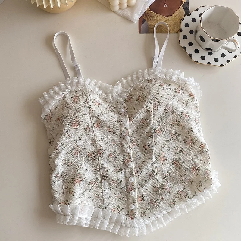 Lace floral print Tanks halter top with back wrap chest band anti-show-through lining for women's outerwear base layer Camis