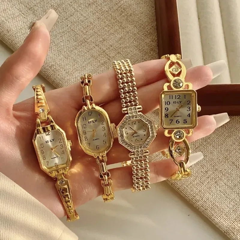 Nuovo orologio da donna con quadrante piccolo al quarzo di lusso retrò da donna con cinturino in acciaio inossidabile color oro elegante di alta qualità