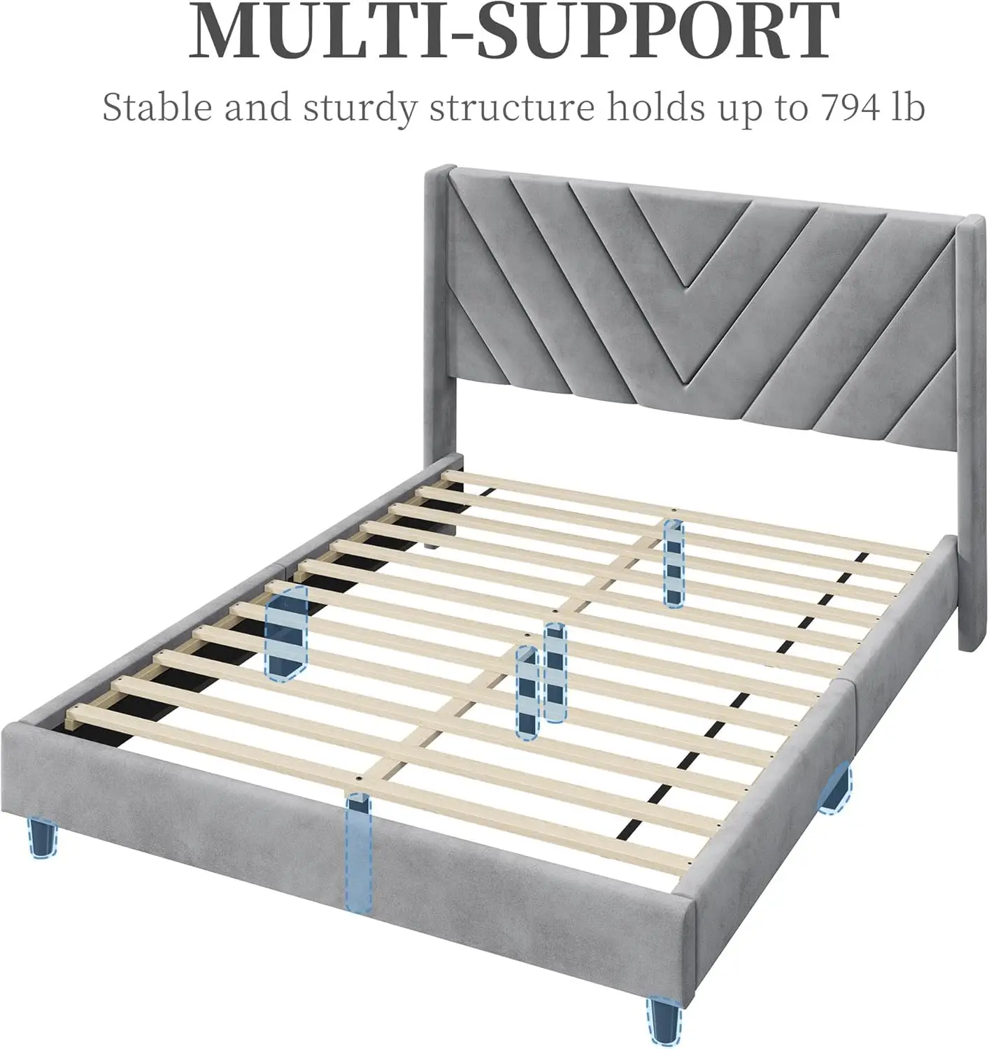 Estofado Cama Queen Frame com Asa Lateral, Suporte De Madeira Slat, Cabeceira Tufada