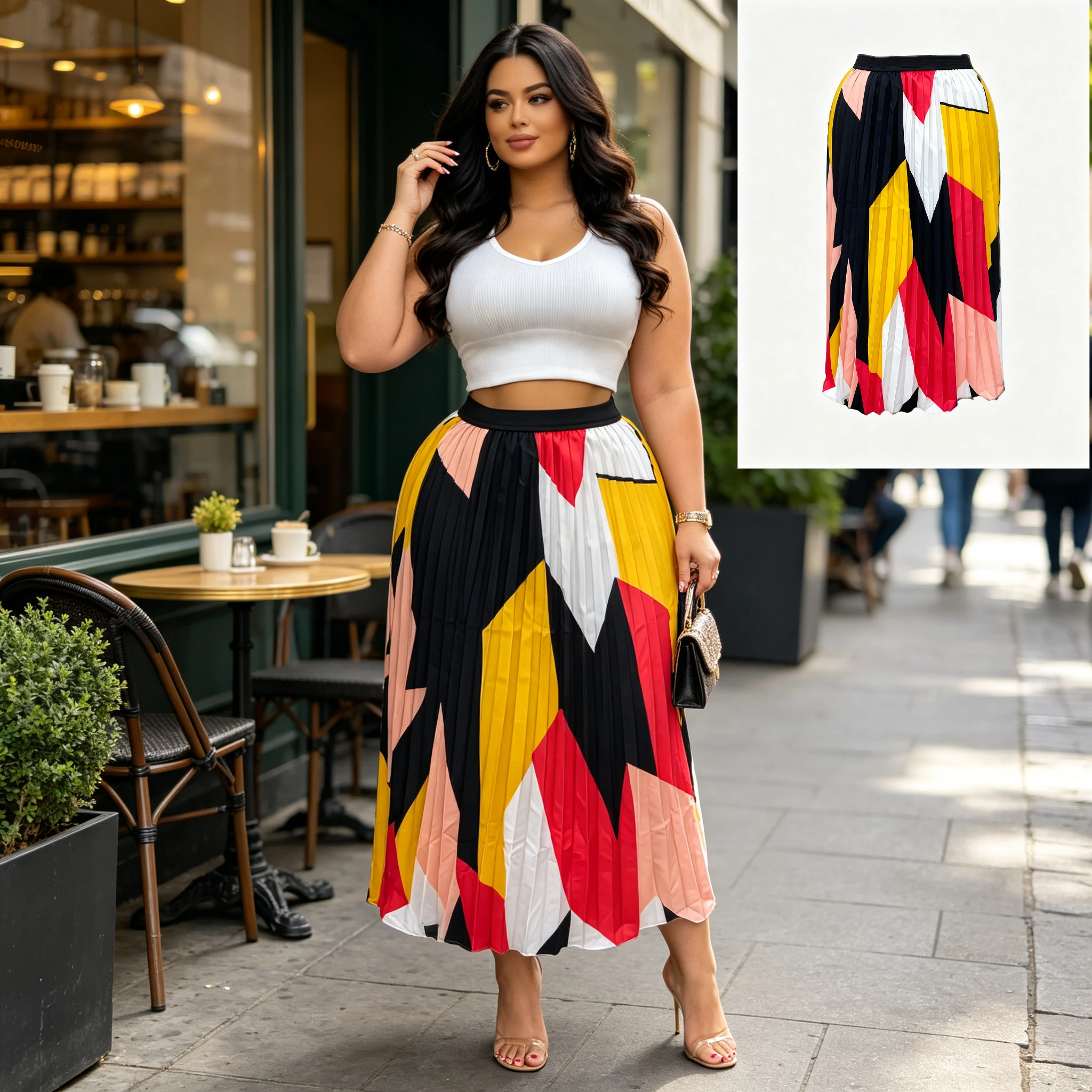 plus Size Women's Trendy Geometric Patchwork Printed Skirt New Cross-border Fashion for Curvy Ladies
