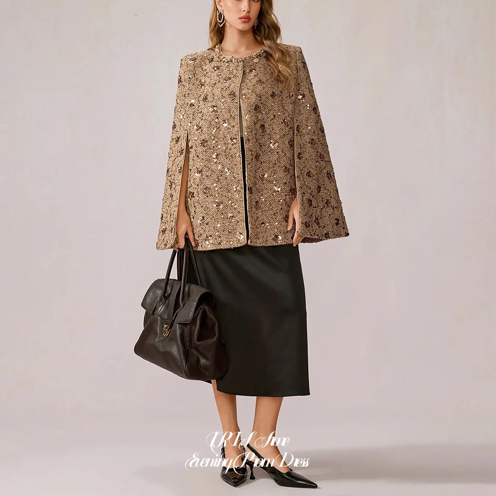 Luxury Sequin Beaded Tweed Cape Jacket Black Skirt for Women O-Neck Evening Outerwear for Prom Gala Wedding Guest