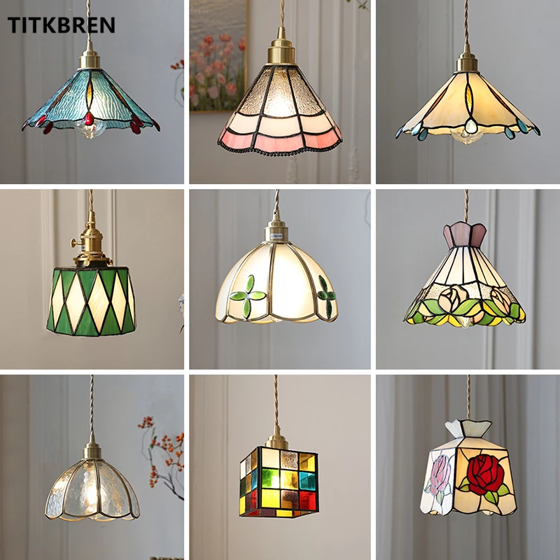 Stained Glass Lucky Four Leaf Clover Pendant Light LED Hanging Lamp Home Bedroom Bedside Dining Room Copper Fixtures