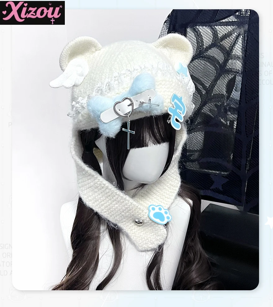 Originele Huis Beer Oorkap Schattig Subcultuur Y2k Tweedimensionale Wollen Hoed Zacht Schattig Water Kleur Bot Kant Vleugels Warme Muts voor Vrouwen