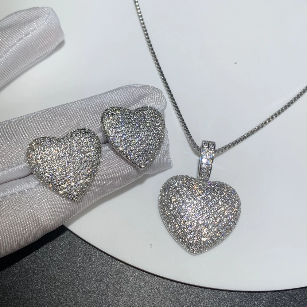 Iced Out Bling 5A CZ Sparking Fashion Women Jewelry Full Micro Paved CZ Puffy Heart Earring Necklace Set